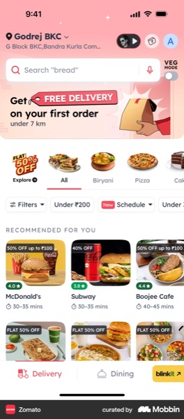 Food delivery app screen with restaurant recommendations