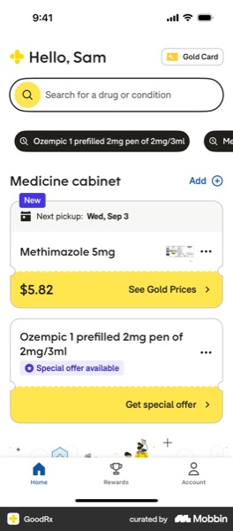 Healthcare marketplace app screen showing medicine cabinet and prescription pricing