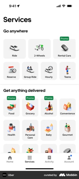 Ride and delivery services app screen with service category grid