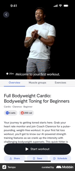 Fitness workout app screen with coached bodyweight cardio session